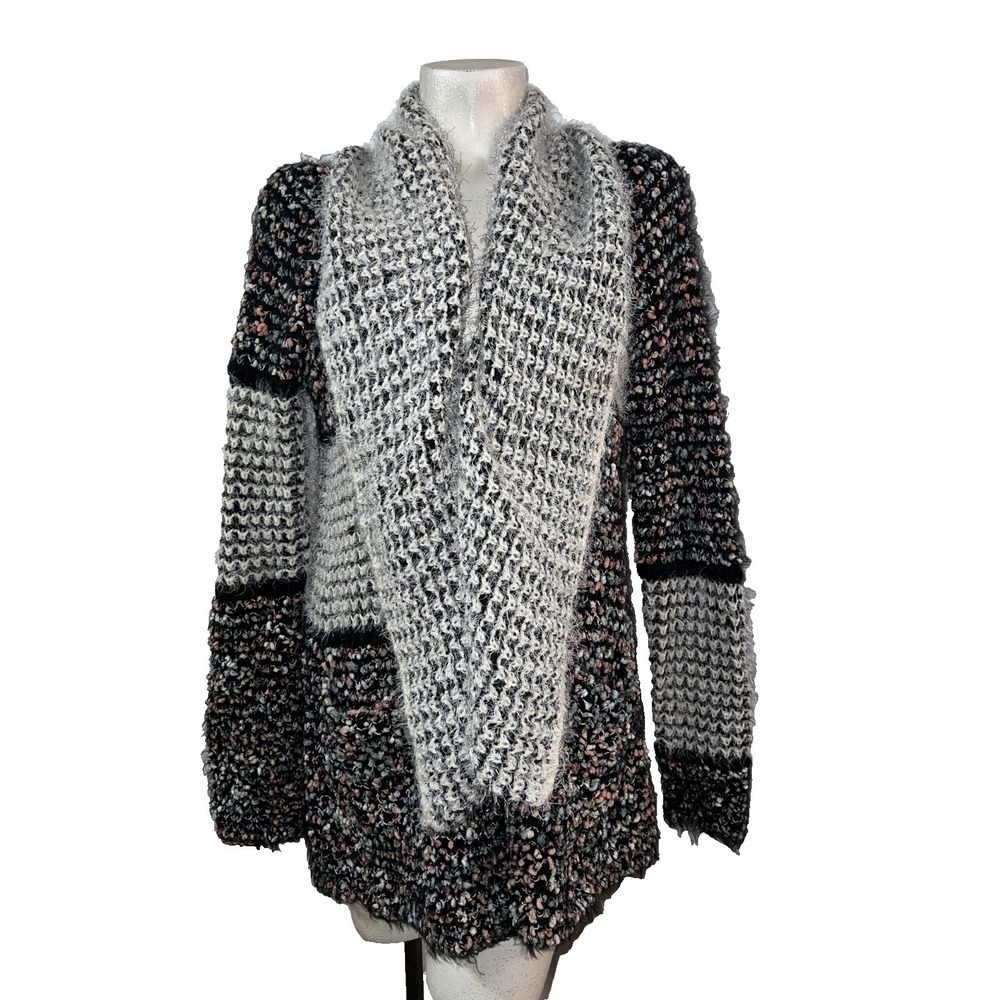 Dor Dor Couture Womens Sz L Open Front Eyelash Knit Cardigan Draped Shawl Collar